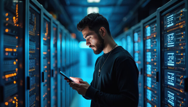 Young man stands in server room looking at phone. Wears black shirt, beard. Rows of servers with blue, orange lights surround. Monitors data center tech infrastructure, ensuring system health. - Powered by Adobe