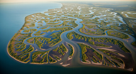 Aerial view of a beautiful river delta with lush green vegetation and intricate waterways, creating a stunning natural landscape from above on a sunny day