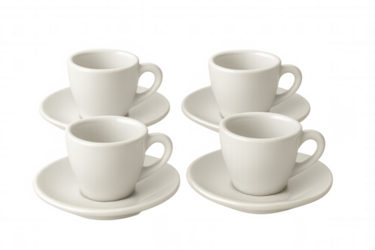 White porcelain espresso cups and saucers set without coffee, ready for serving or product presentation