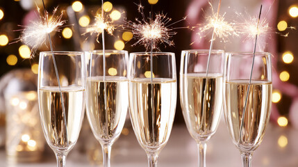 Sparkling champagne flutes with festive sparklers, illuminated by soft bokeh lights, create a celebratory atmosphere perfect for special occasions and joyful gatherings