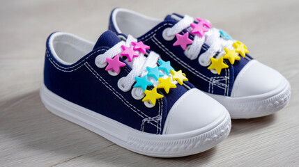 Colorful children's sneakers with star-shaped lace charms in vibrant colors, showcasing playful design and creativity, perfect for young fashion enthusiasts and active lifestyles