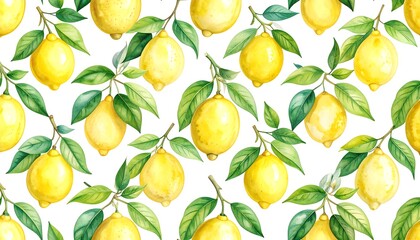 Watercolor painting of lemons and green leaves