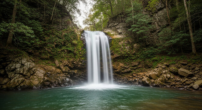 Majestic waterfall cascading down rocky cliffs surrounded by lush green forest, creating a tranquil and picturesque natural scene in the wilderness
