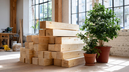 Stacked wooden planks in a bright workshop with large windows, accompanied by potted plants, showcasing a blend of natural materials and a creative workspace atmosphere