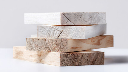 Stacked wooden planks of various textures and colors, showcasing natural grain patterns, arranged artistically on a clean surface, ideal for design and construction projects