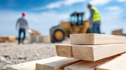 Construction site featuring stacked wooden planks in foreground, with blurred workers in safety gear and heavy machinery in background, illustrating teamwork and building process