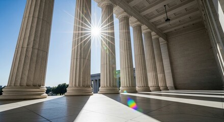 Obraz premium Sun shines through grand columns casting long shadows