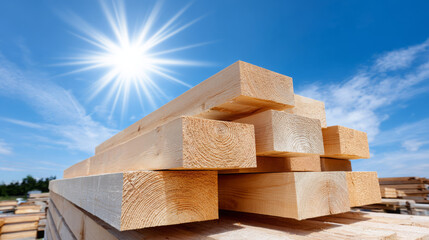 Stacked wooden planks under bright sunlight against a clear blue sky, showcasing natural textures and patterns, ideal for construction and woodworking projects