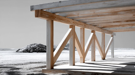 Wooden structure with geometric supports stands on a sandy beach, showcasing modern architecture and natural elements, creating a serene coastal atmosphere