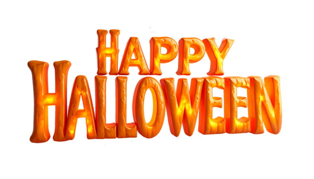 3D Halloween text design spelling ‘Happy Halloween’, carved pumpkin style letters glowing from inside with warm orange light transparent background 