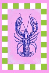 Vintage lobster vintage illustration with pastel checkered frame, retro hand drawn style for decor, prints, cards, and art collectors.