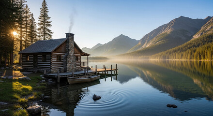 Fototapeta premium A serene log cabin nestled on the tranquil shores of a pristine lake, bathed in the warm glow of the rising sun, creating a picturesque and inviting scene