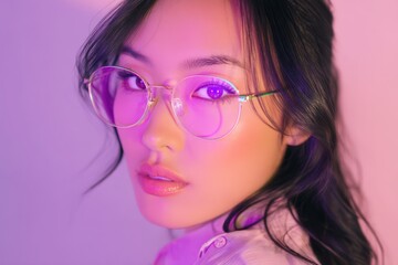 Portrait of Asian Woman with Violet Contacts and Modern Glasses