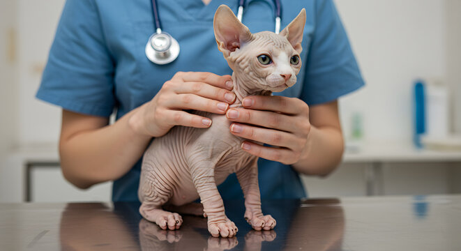 bald cat sphinx on hands veterinarian doctor on examination table in modern clinic or animal hospital. Animal healthcare, pet health checkup veterinary medicine concept Professional vet care for cat
