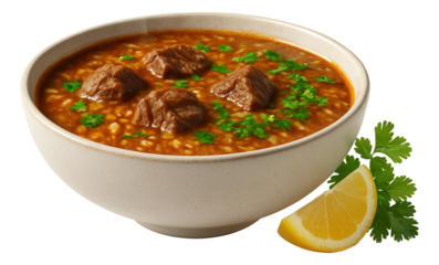 An iron skillet containing Macarony po-flotski, where bow-tie pasta is interwoven with minced meat and garnished with fresh parsley.