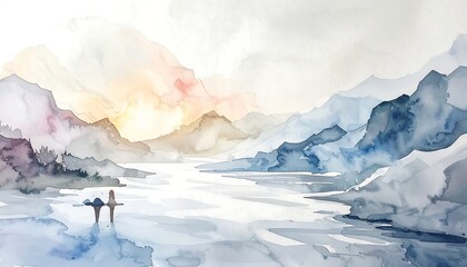 Watercolor painting of mountains and a lake with sunrise