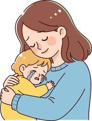 Woman hugging crying child with compassion, emotional support, family care, maternal love, empathy, parent comforting kid, tender childhood bonding moment