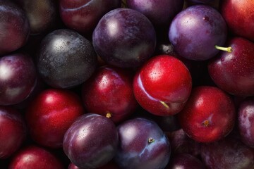 Obraz premium Ripe glossy plums grouped with rich color gradient detail