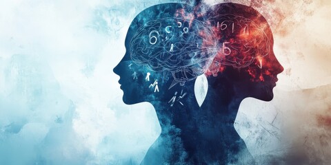 Double exposure silhouette heads with numbers and abstract mind concept ADHD