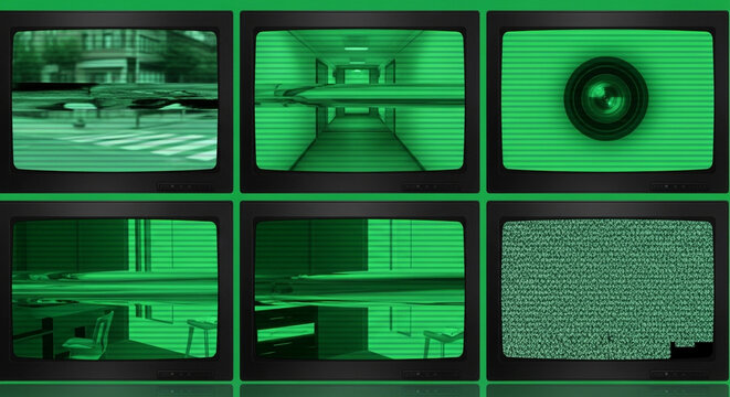 Multiple vintage monitors display surveillance feeds including street, hallway, camera lens, office, and static for a modern security concept.