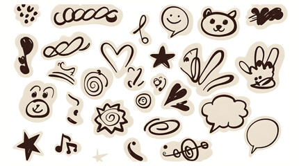 Fototapeta premium Playful Scribble Doodle Icon Set – Fun Hand Drawn Clipart for Stickers, Branding, and Creative Design - Cute cutout elements for collage. 