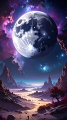 Vast, otherworldly landscape with a large moon.  A lone figure walks a path through a desert-like valley under a vibrant, cosmic sky