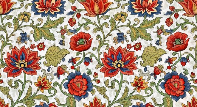 Seamless floral pattern in a chintz style with large colorful Mughal garden flowers and intricate leaves
