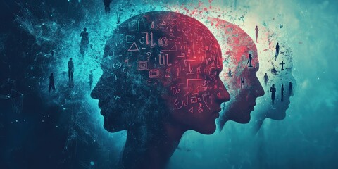 Double exposure silhouette heads with numbers and abstract mind concept ADHD