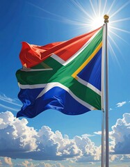 South African flag billowing in a vibrant blue sky, with puffy white clouds and a bright sun