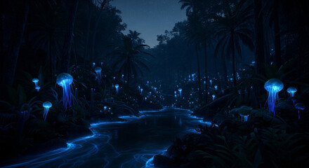 Enchanting bioluminescent jungle at twilight with glowing mushrooms and a river, creating a magical and surreal atmosphere in a dark, tropical landscape
