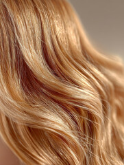 Fototapeta premium An extremely detailed and close-up view of healthy, wavy hair in a warm honey blonde shade. The smooth texture and natural movement highlight the hair's vibrant color and shine