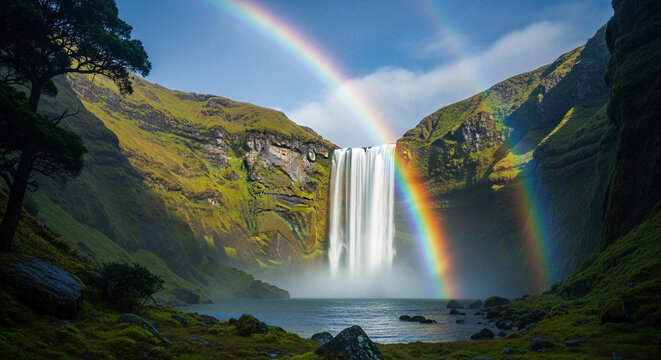 Majestic waterfall cascading between lush green mountains with a vibrant double rainbow, creating a stunning and picturesque natural spectacle - Powered by Adobe