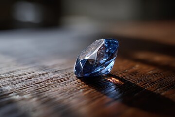 Faceted Sapphire Gemstone Resting on Dark Polished Wood