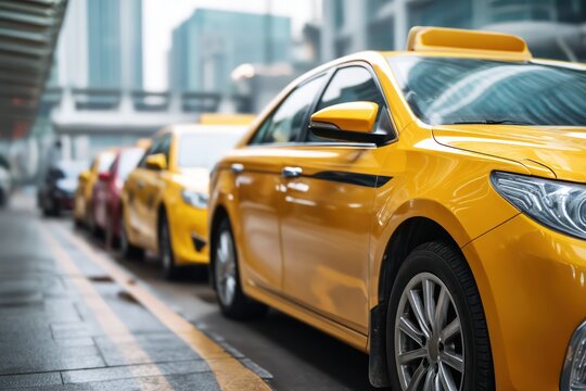 New Yellow Taxi Cab Fleet Ready in City Parking