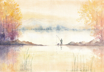 Rural nature landscape man fishing with dog beautiful autumn evening with trees on the lake Watercolor painting