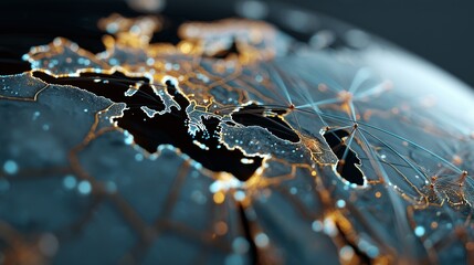 The map of Europe shows glowing lights on Europe, highlighting key connections. Europe is at the network center, with illuminated paths crisscrossing Europe.