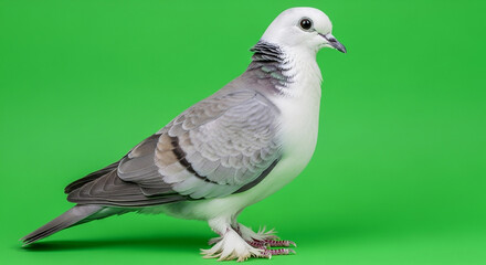 Elegant pure white dove with feathered feet stands poised against a vibrant green studio backdrop, showcasing its pristine beauty and unique avian features.
