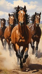 Four powerful horses in full gallop across a dusty plain