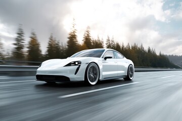 Fototapeta premium Sleek White Electric Car Driving Fast on Open Highway