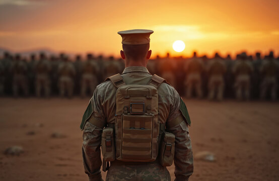 Soldier in military uniform stands facing troops at sunset. Man in camouflage uniform, tactical backpack looks at formation of soldiers. Military personnel in desert during golden hour. Leader