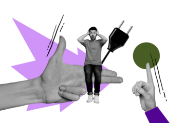 Collage picture young shocked surprised man arm nonverbal gesture shooting pistol plug in connection finger pointing drawing background