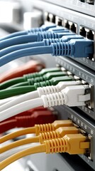 Close-up view of colorful patch cables connecting to an industrial network switch in a modern tech environment showcasing vibrant colors and detailed connections