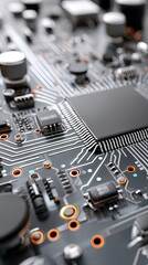 Close-up display of a microchip surrounded by glowing neon lines amidst a complex network of circuit boards and electronic components