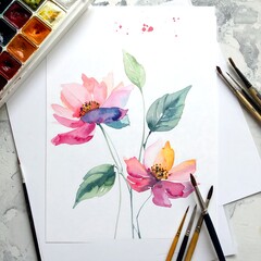 Watercolor painting of pink flowers with green leaves