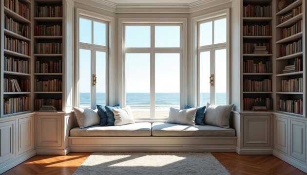 Cozy room with bookshelves and window seat overlooks ocean. Perfect for remote work video calls and online team meetings in a comfortable professional setting.