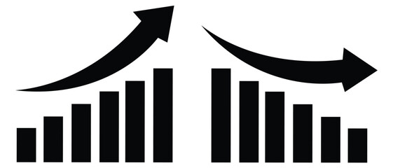 Business financial  growth up and down icon. Upward or downward trend bar chart, profit and loss statistics icon. Stock market chart with increase, decrease sign.  Vector  illustration. 