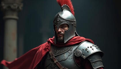 Fototapeta premium Ancient warrior with detailed armor, crest helmet stands under dramatic lighting. Man wears red cape, metal armor with engravings. Strong facial features, beard, serious expression. Background shows
