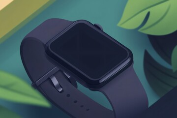 Modern smart watch device displaying a blank screen, surrounded by stylized tropical leaves, symbolizing nature and technology integration