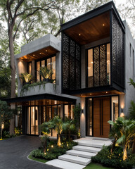 Solar panels photovoltaic system on roof. Modern exterior eco-friendly house. Panoramic windows and terrace garden inclusion. Architecture design supports clean energy.