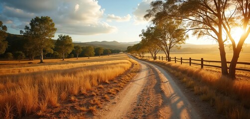 Fototapeta premium Dirt road in countryside with trees, wooden fence. Golden light shines on grassy fields, trees at sunny day. Rural landscape with road, hills in background. Peaceful scene with blue sky, white clouds.